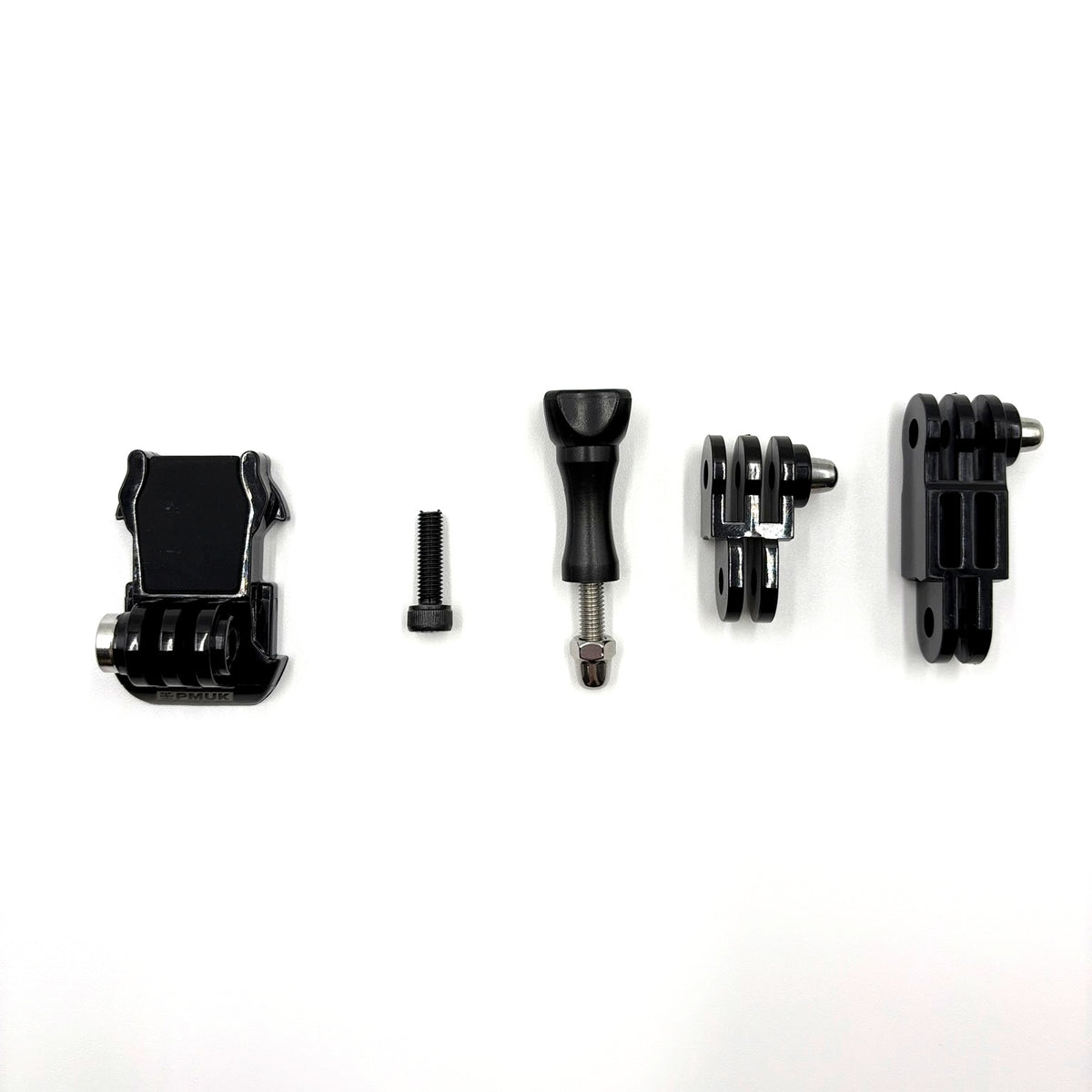 Set of black camera accessories on a white background